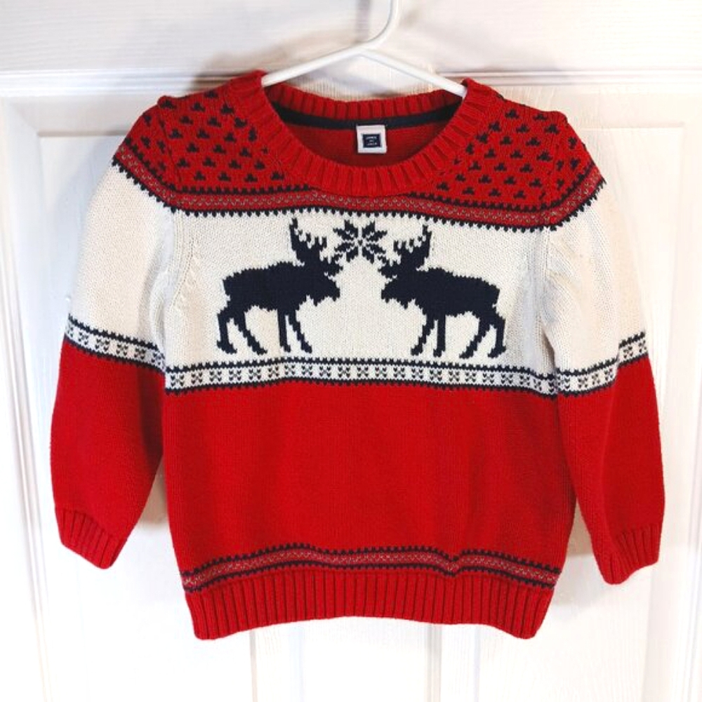 NWOT Janie & Jack Boys Crewneck Sweater Knit Winter Print Red Cream Navy Size 2T